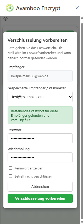 Taskpanel, Passwort eingeben, Button Verschlüsselung vorbereiten